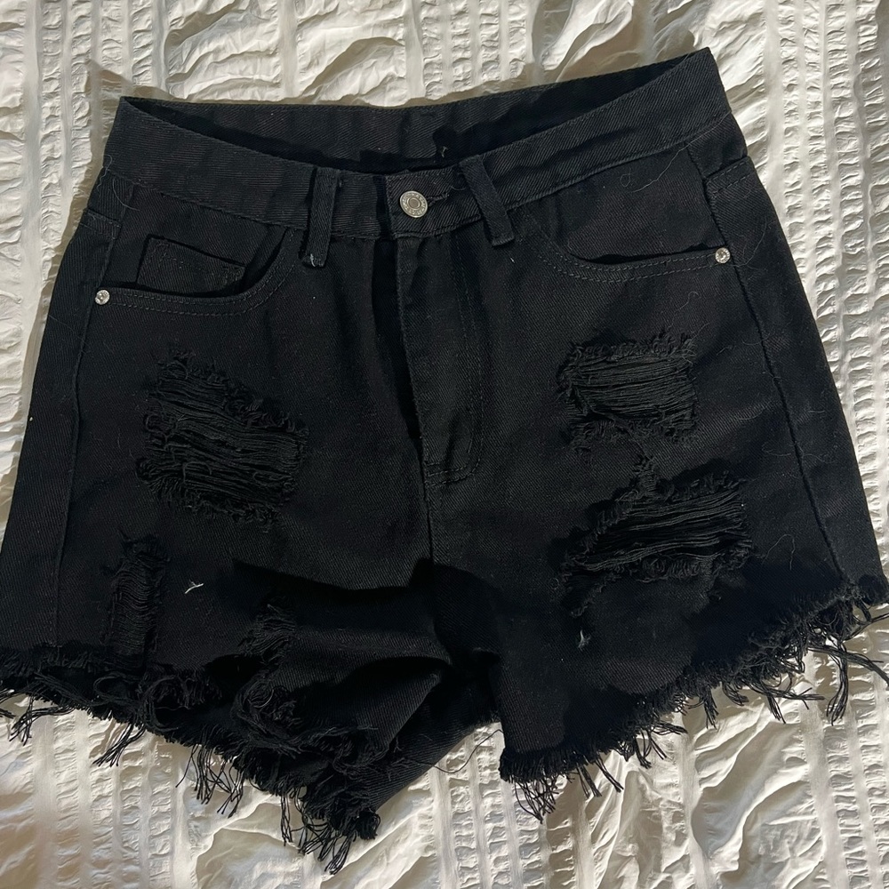 Black distressed denim shorts